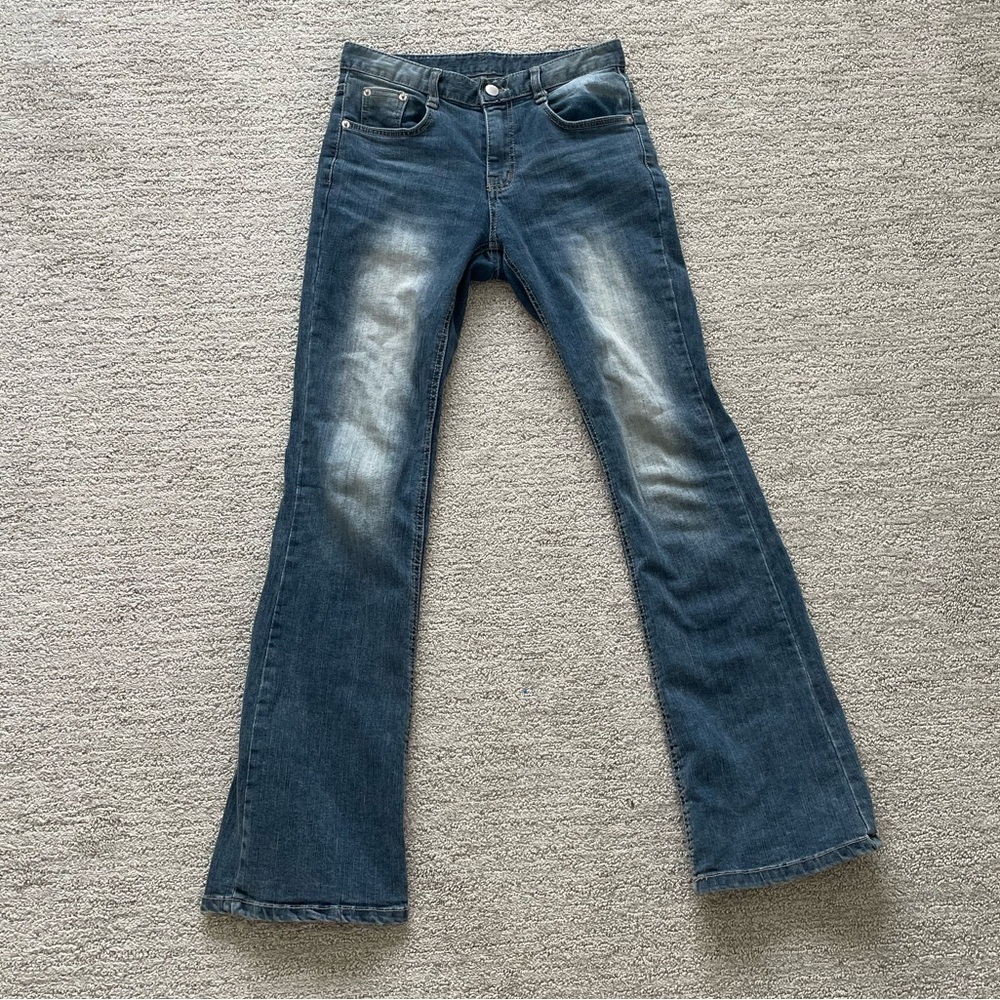 Women’s Low Rise Blue Flare Bootcut Dark Wash Denim Jeans Spring Y2K Coquette